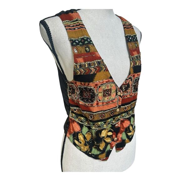 Vintage Thums-Up Boho Embroidered Patchwork Vest | Beaded Festival Top | Size S - Picture 2 of 7